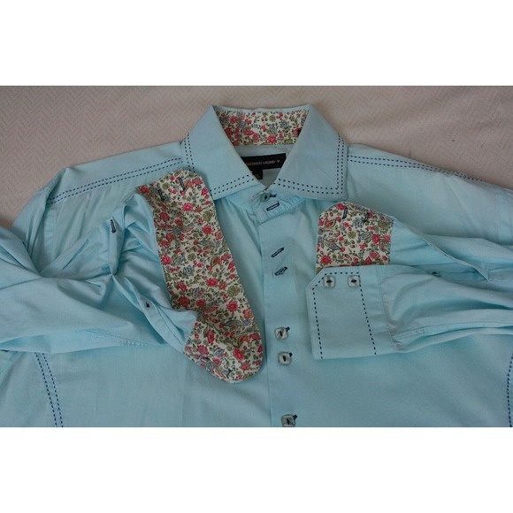 INTERNATIONAL LAUNDR Men's Shirt Teal Blue Fashion Top Stitch Contrast Cuff XL - Picture 3 of 13